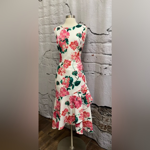 Calvin Klein Dresses & Skirts - Calvin Klein White Pink Hibiscus Sexy Ruffle Asymmetrical Party wedding Dress